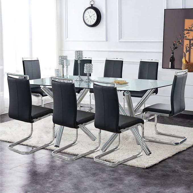 AZmac Modern Leather Dining Chairs Set of 2,Armless Kitchen Chairs,Dining Room Chairs with Upholstered Padded Seat and Sturdy Silver Chrome Legs for Dining Room,Kitchen (Set of 2, Black)