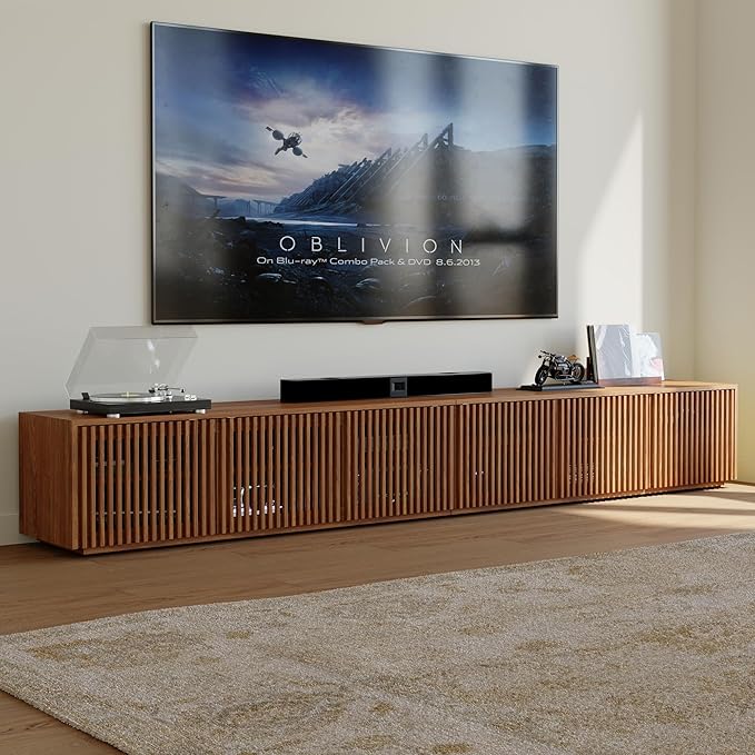 POVISON Full Assembled Mid Century Modern TV Stand, 118” Extra-Large Entertainment Center for 100 inch TV, Wood Slatted TV Media Console with Storage for Living Room Bedroom