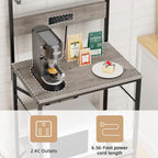 Kitchen Bakers Rack with Power Outlet, Microwave Stand with 6 S-Shaped Hooks, 4-Tier Coffee Bar Microwave Rack (Grey)