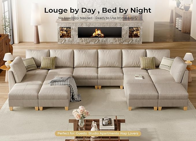 SITJOY 172" Faux Leather Modular Sectional Sofa with Storage, Mid Century Modern Sectional Couches for Living Room, Soft Padded Armrests, Oversized 14 Seat U Shaped Couch with Chaise, Greige