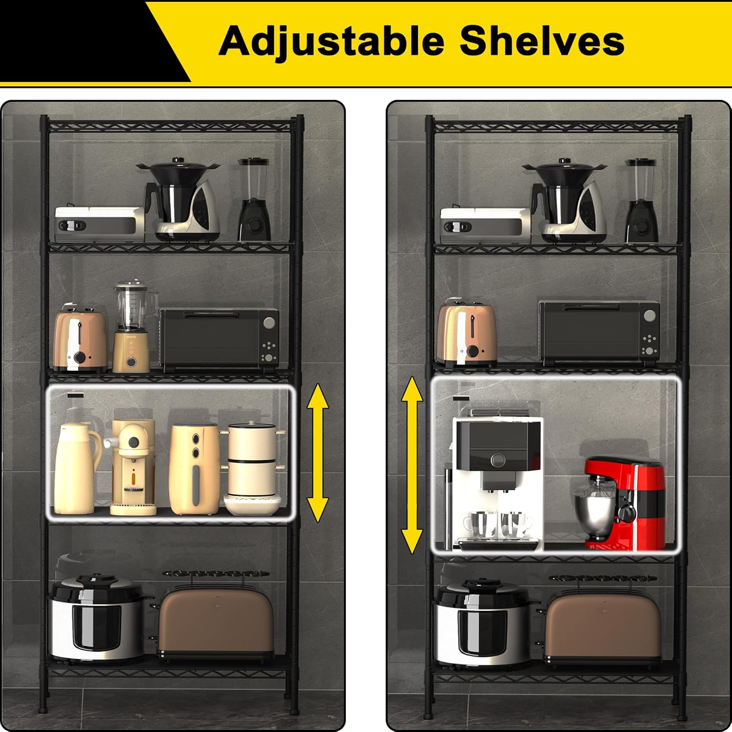 GIOTORENT 4-Wire Garage Shelving Storage Shelves, Metal Shelf Organizer 1400Lbs Capacity, Kitchen Storage Adjustable Shelf for Laundry Bathroom Pantry Closet, Black 36.2''L x 14''W x 53.4''H