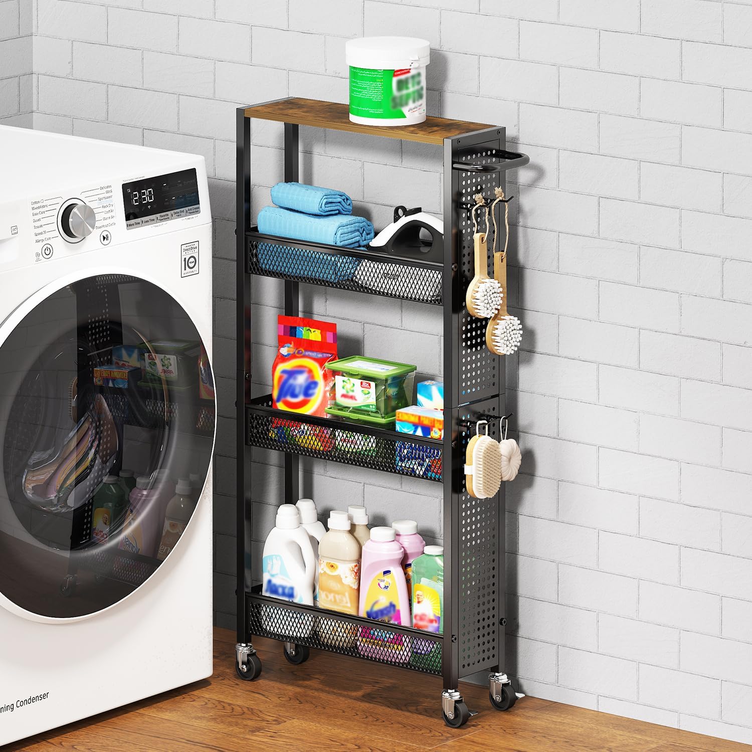 Utility Slim Storage Cart 4 Tier Small Rolling Kitchen Laundry Room Organization Cart with Wood Top Metal Narrow Laundry Room Shelves Cabinet Unit Laundry Organizer Trolley with Handle for Small space