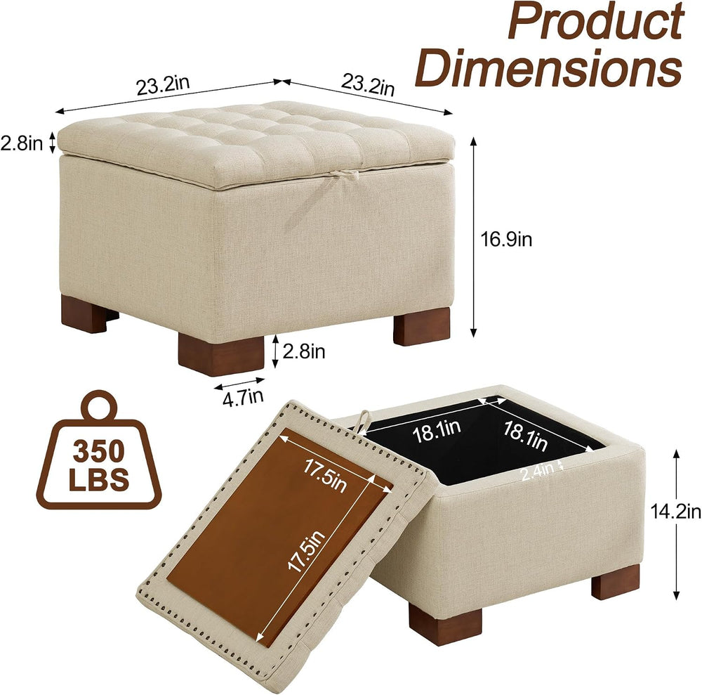 WUTUTUEE 24" Fabric Square Storage Ottoman with Wooden Tray, Modern Tuft...