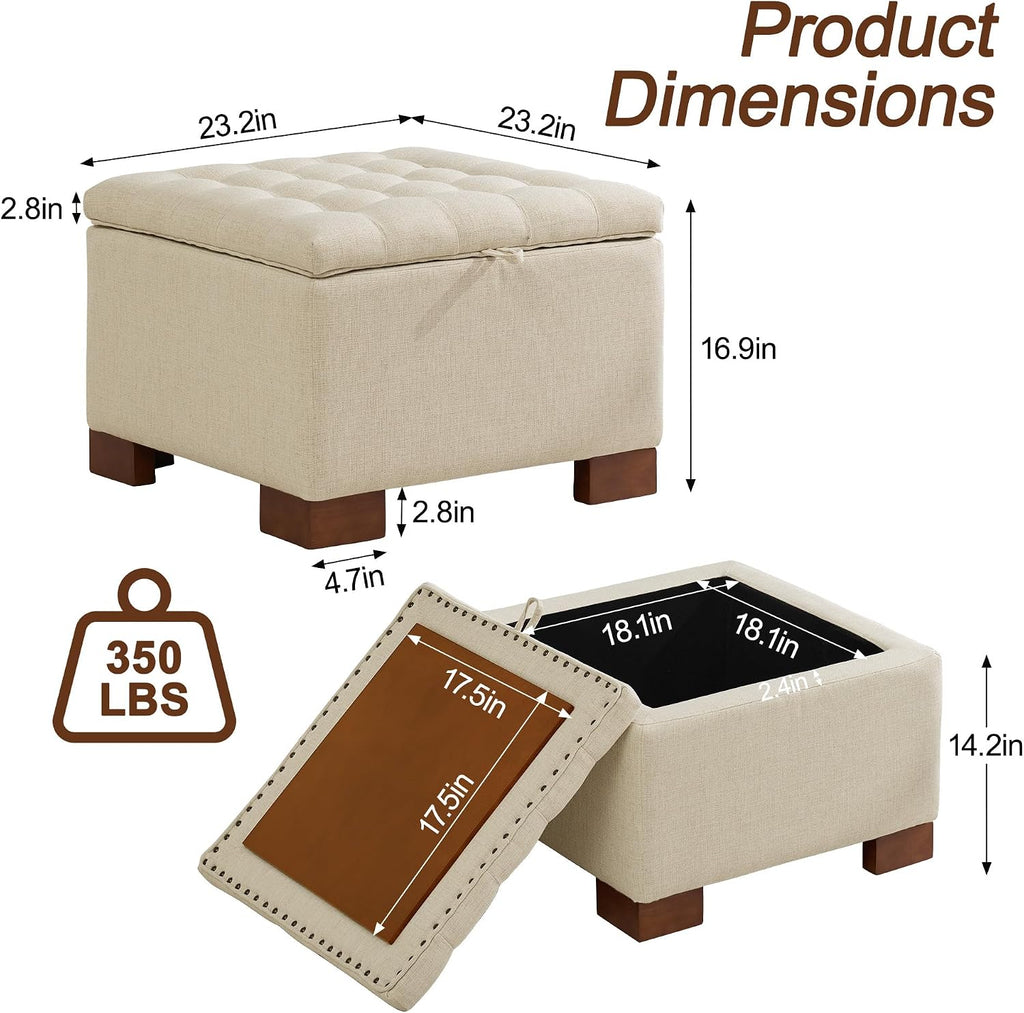 WUTUTUEE 24" Fabric Square Storage Ottoman with Wooden Tray, Modern Tufted Button Footstool Coffee Table, Upholstered Small Ottoman for Living Room, Bedroom, Khaki