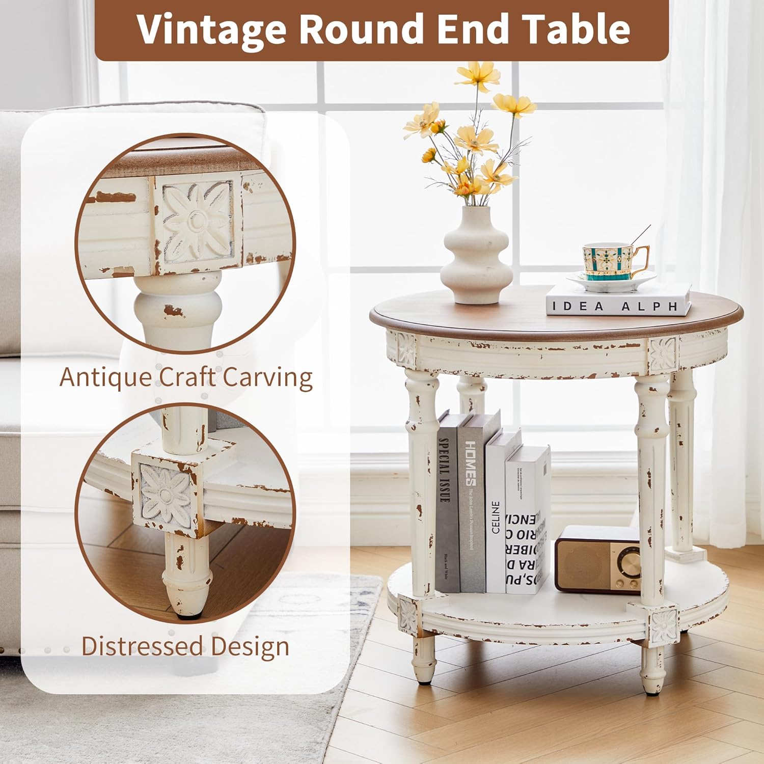 BERRYMERRY 23.6" French Country Two Tone Round End Table,Chipped White Vintage 2 Tier Side Table for Living Room Small Space,Easy Assembly (White 1 PC)