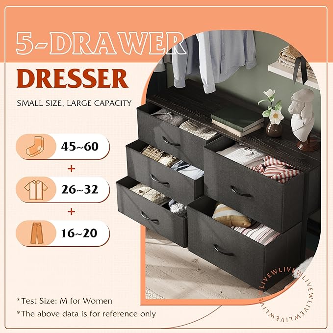 WLIVE Dresser for Bedroom with 5 Drawers, Wide Bedroom Dressers with Drawer O...