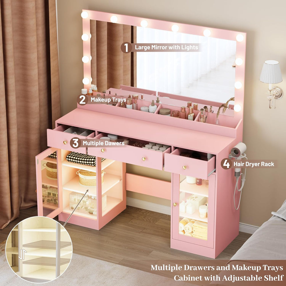 Thacuok Makeup Vanity with Large Mirror and Lights, 47''Wide Dressing...