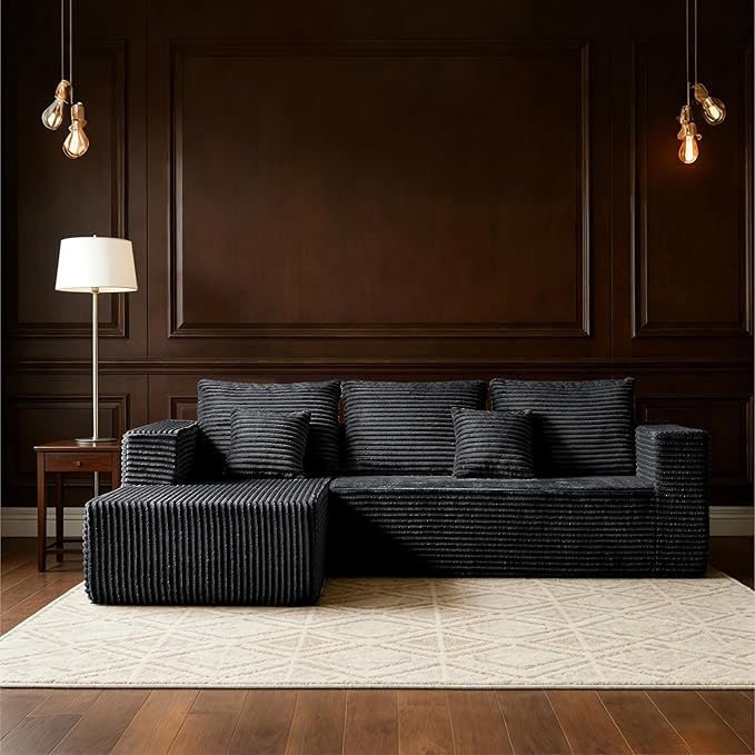 106" Black Corduroy Boneless Modular Sectional Sofa, Cloud-Louch Deep Seat Sofa with Left Chaise for Living Room & Bedroom（L-Shaped Right-Facing Recliner）