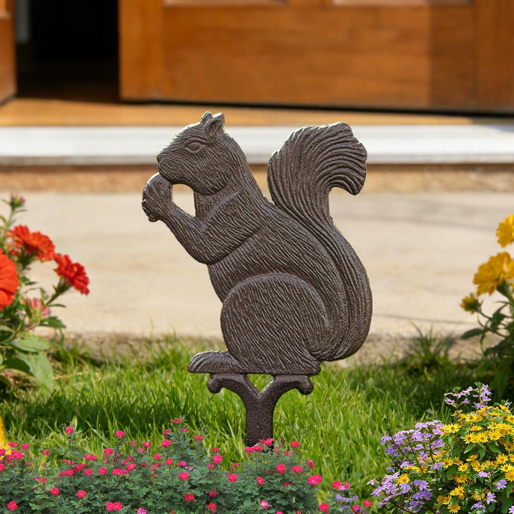 Sungmor Vintage Cast Iron Squirrel Garden Stake,14.6 Inch Tall Rustic Brown
