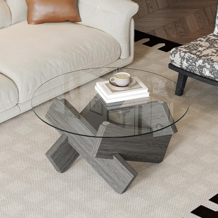 Gray Round Glass Coffee Table,33" Round Coffee Tables for Living Room Clear Circle Accent Table Adapts to Farmhouse and Contemporary Decor
