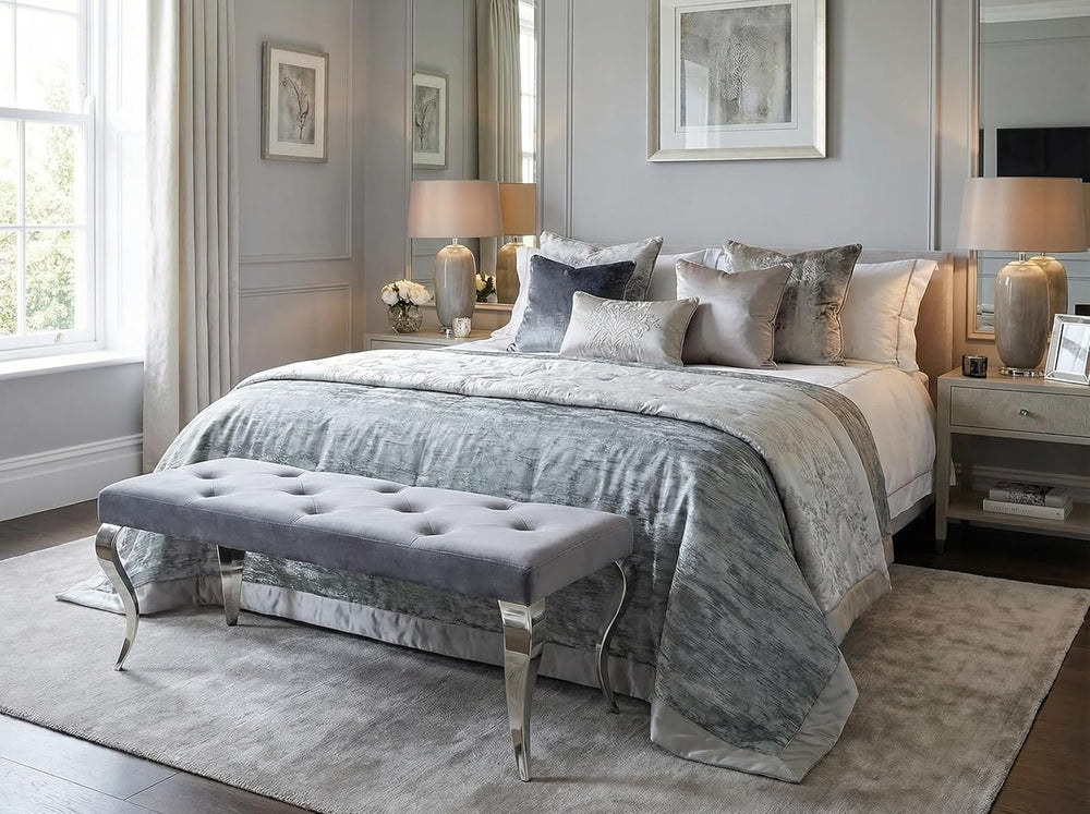 AUZ Grey Velvet Upholstered Bench with Gorgeous Silver Mirrored Curved Legs |...