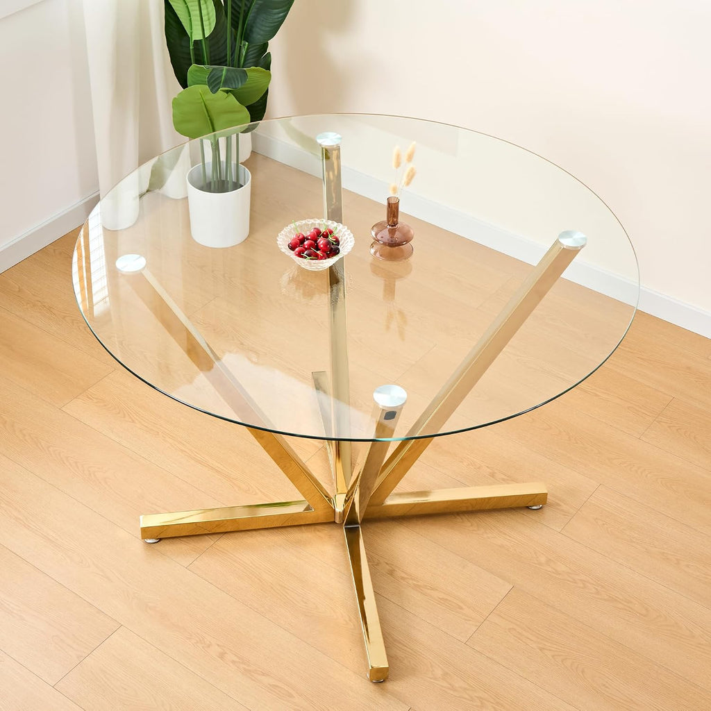 HomVent Round Glass Dining Table Set for 4,Circle Glass Kitchen Table Set | 45'' Small Dining Room Set Glass Dinner Table Set with 4 Velvet Dining Chair for Kitchen Dining Room Family Gathering