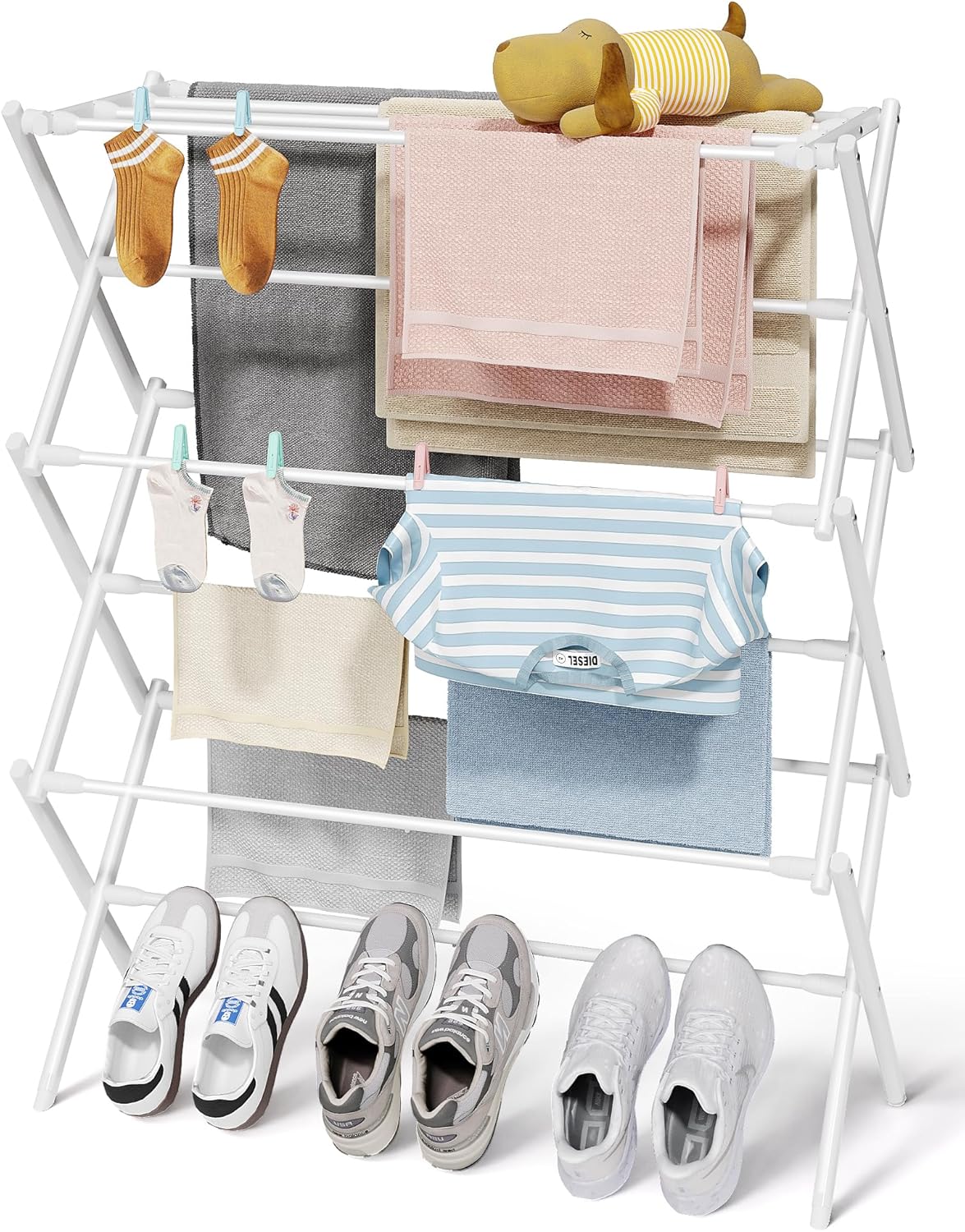 Sakugi Foldable Clothes Drying Rack – Metal Laundry Drying Rack with Non-Slip Feet, 3-Tier Space-Saving Clothing Rack for Organization, Indoor & Outdoor Use, 11.4" D x 29.1" W x 37.4" H, White