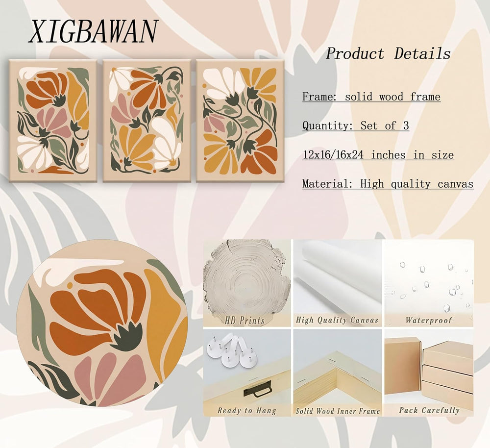 XIGBAWAN 3Pcs Boho Floral Canvas Wall Art, Abstract Flower Wall Decor