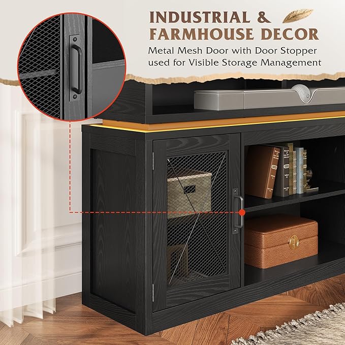 WLIVE Farmhouse TV Stand for TVs Up to 65 Inches, Tall Entertainment Center with Storage Cabinets & LED Lights, Media Console for Living Room, Bedroom, Home Theater, Black