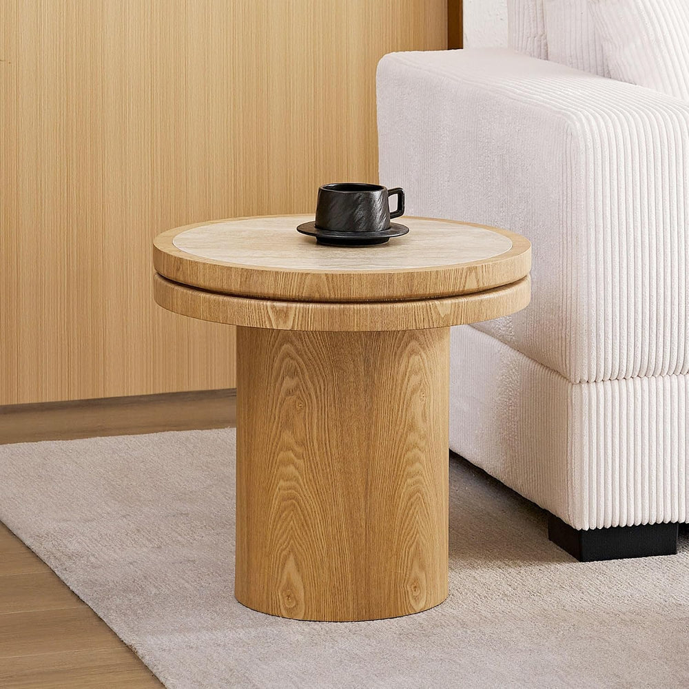 Round End Table Modern Side Table with Sintered Stone Top & Natural Wood ...