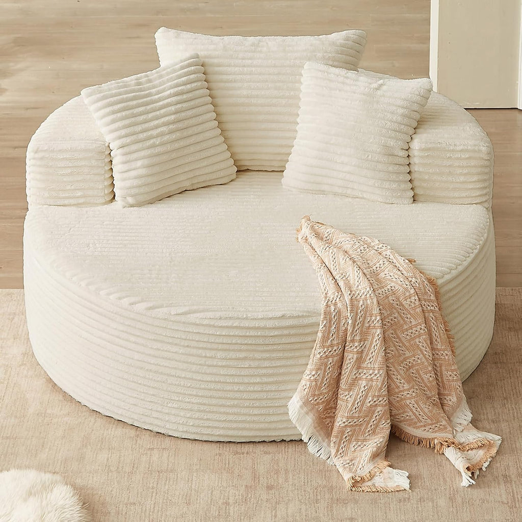 Lakifun Oversized Round Chair Lounge Chaise Indoor, Upholstered Corduroy Deep Seat Cloud Large Circle Sofa Chair, No Assembly Required, Fluffy Modern Sleeper Sofa Bed for Reading, Light White