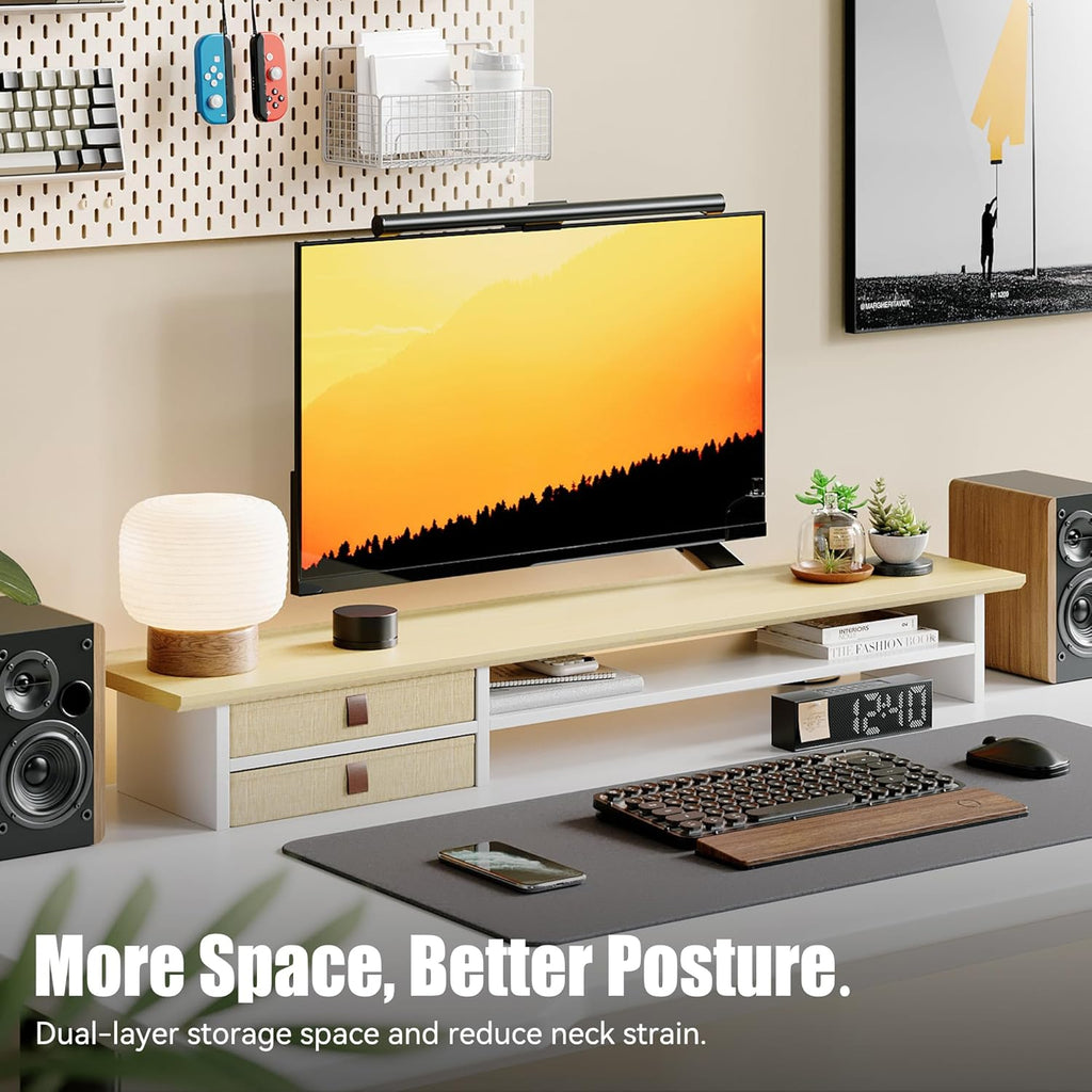 Dual‑Tier Monitor Stand Riser with Drawers, Desktop Organizer Shelf Storage for Computer Screen 2 Monitors, Supports for PC Computer Monitor, Printer, Heavy TV Riser Beige and White