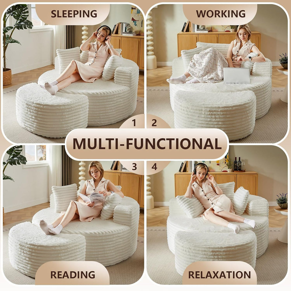 75''L Oversized Round Lounge Chair with Ottoman, Modern Corduroy Acce...