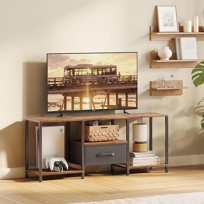 TV Stand with Fabric Drawer for 55 Inch TV, Entertainment Center with Open Sh...