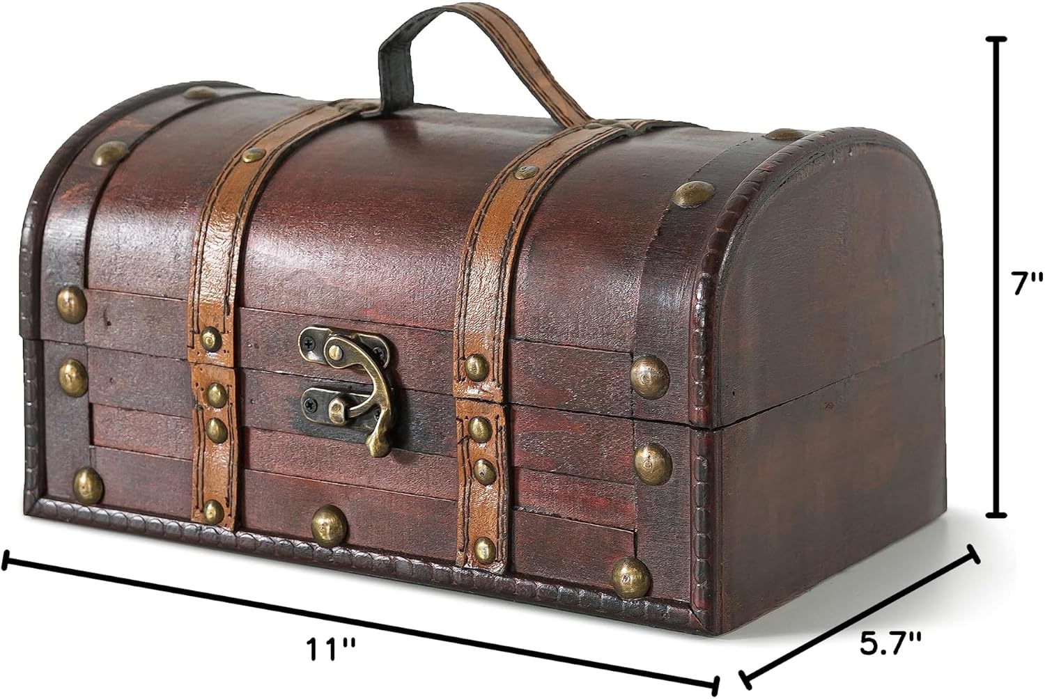SLPR - Small Wooden Storage Box with Hinged Lid and Handle, 11x7x5.7 In | Vintage Suitcase Style Treasure Chest for Keepsakes, Decorative Wood Case with Latch, Antique Travel Trunk Box Decor