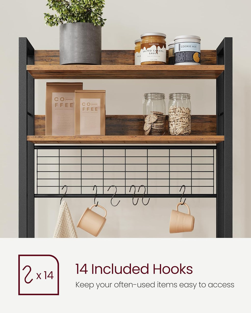 VASAGLE Bakers Rack with Power Outlet, Microwave Stand, Kitchen Tall Utility Storage Shelf, with Metal Wire Panel, 14 Hooks, 15.7 x 23.6 x 66.9 Inches, Rustic Brown and Ink Black UKKS037B01