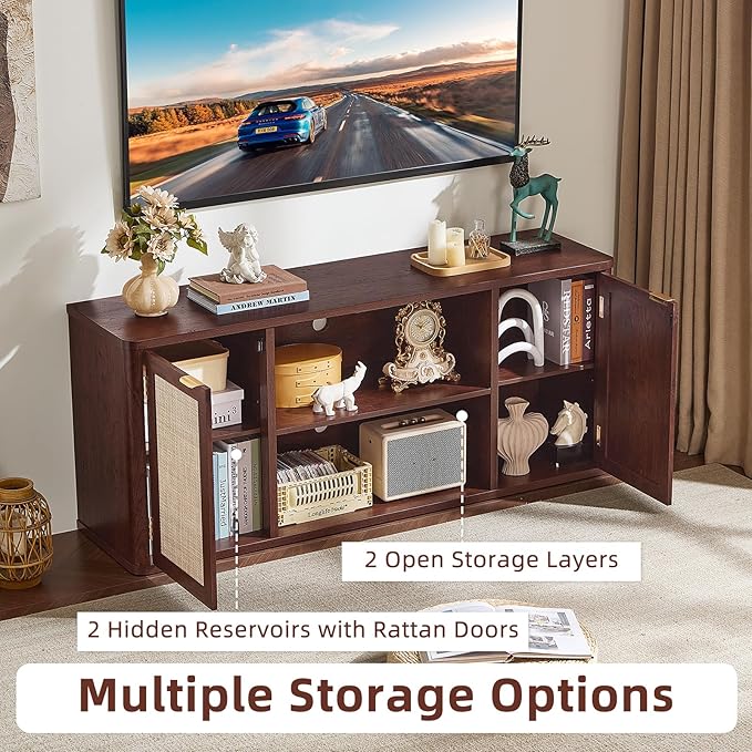 LEYAOYAO Rattan TV Stands for Living Room, Boho Entertainment Center with Storage and Open Shelf, Wood Media Console for 50-65 Inch TV, Walnut