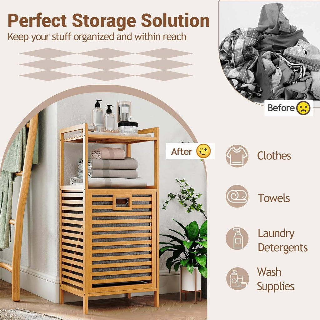 GOFLAME Tilt-out Laundry Hamper with 2-Tier Shelves, Bamboo Laundry Baskets Organizer with Removable & Foldable Fabric Liner, Bathroom Storage Shelf Cabinet for Laundry Room, Bedroom