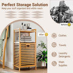 GOFLAME Tilt-out Laundry Hamper with 2-Tier Shelves, Bamboo Laundry Baskets Organizer with Removable & Foldable Fabric Liner, Bathroom Storage Shelf Cabinet for Laundry Room, Bedroom
