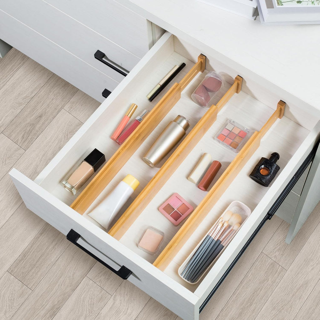 VaeFae 6-Pack Adjustable Bamboo Drawer Dividers, Expandable Drawer Organizer for Kitchen Utensils, Clothes, Bathroom, Office – Fits Drawer Interiors 16.6" to 21.8"