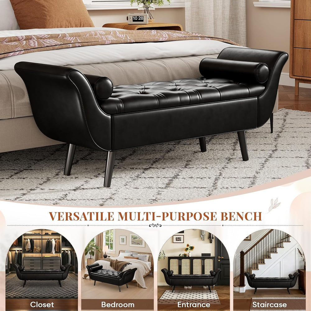 Faux Leather Storage Bench for Bedroom End of Bed, 65-Inch Rolled Arm Upholst...