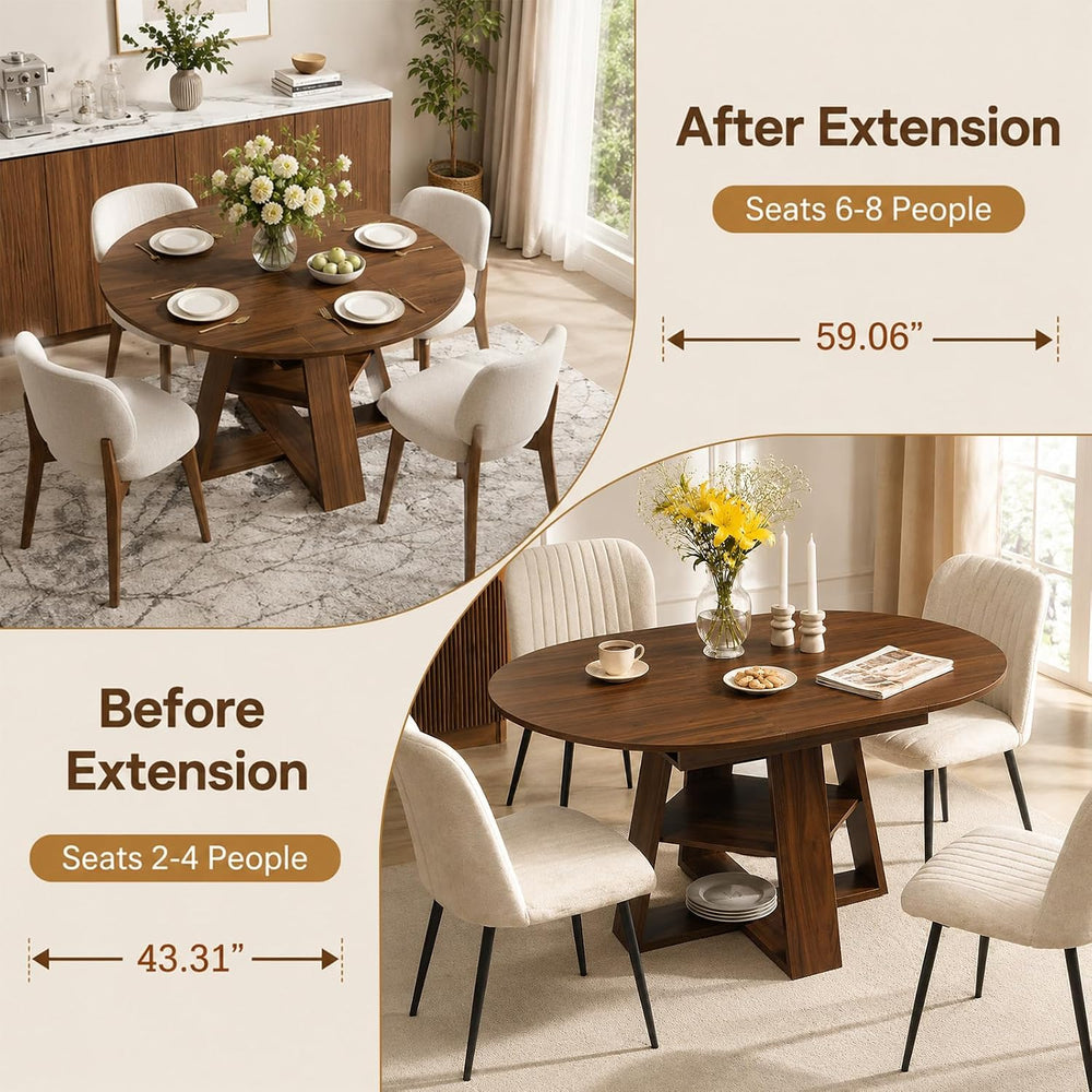 43"-59" Extendable Round to Oval Wooden Dining Table | 1.2" Th...
