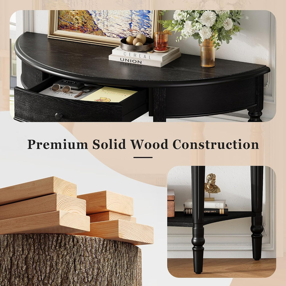 LUMISOL Half Moon Entryway Table with Drawer & Shelf, Black | Rustic Cons...