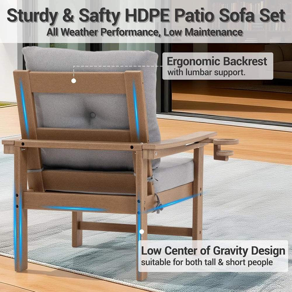 7-Piece HDPE Patio Conversation Set w/ 4 Cup Holders, All-Weather Outdoor Sec...