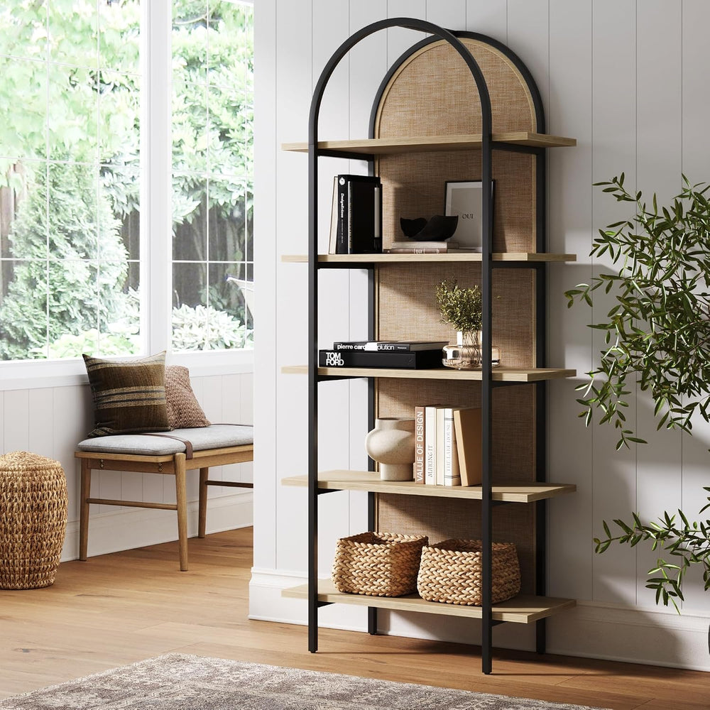 Nathan James Amara Bohemian 5-Shelf Etagere Bookcase, Rattan Open Bookshelf w...
