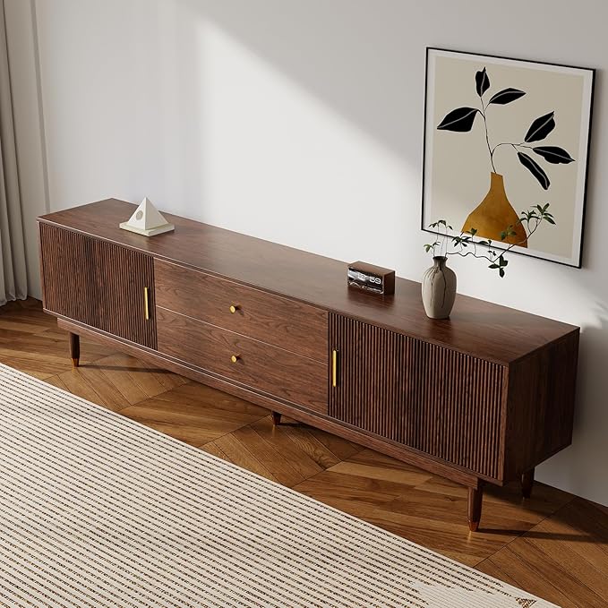 Mid Century Modern TV Stand for 90 inch TV, 78.7" Walnut TV Console with 2 Storage Cabinet & 2 Drawers, Entertainment Center, Media Console for Living Room/Bedroom