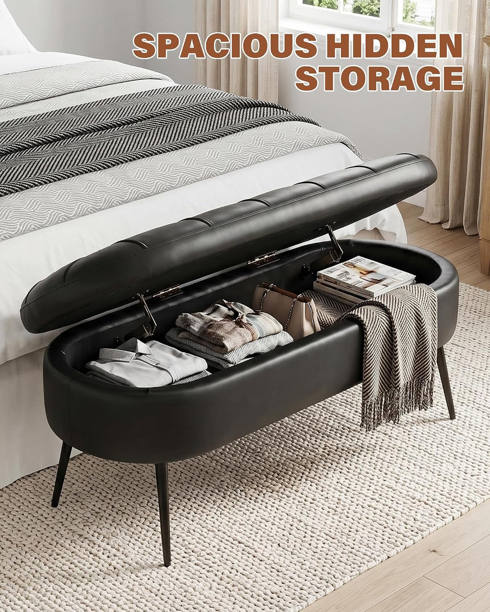 Storage Ottoman Bench, 43.7" PU Leather End of Bed Bench Black | Bench w...