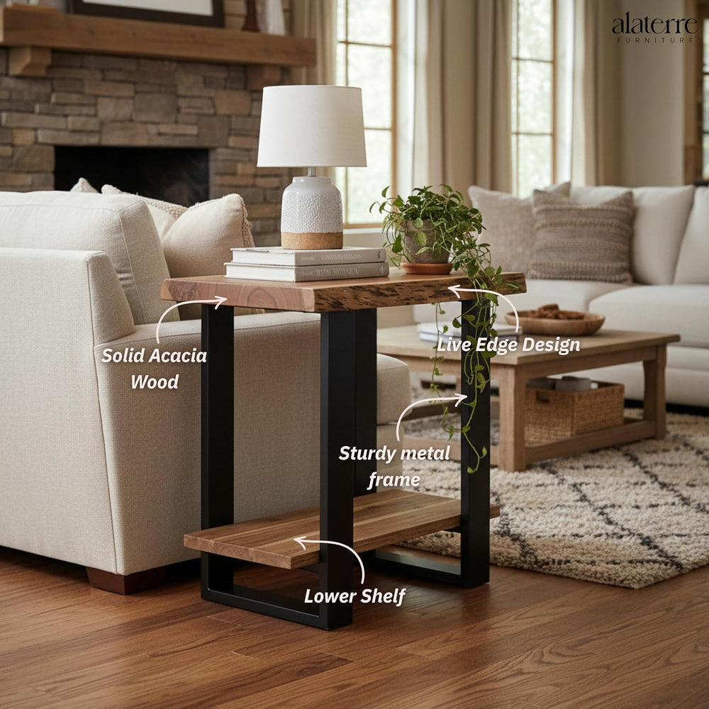 Alaterre Furniture Alpine Live Edge Modern End Table Set of 2-2-Tier Narrow S...