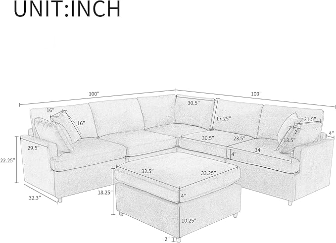 Merax 6-Seater Modern Large U-Shape Sectional Sofa, with Removable Ottomans for Living Room,Gray