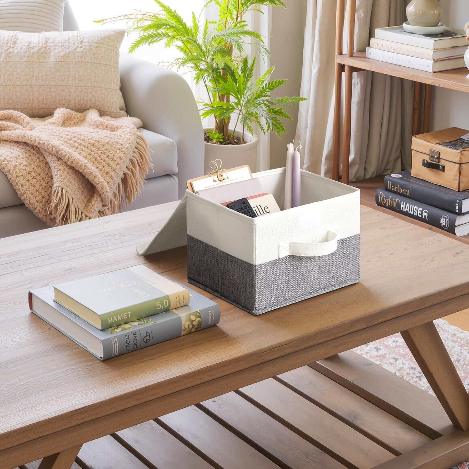 GRANNY SAYS Small Storage Bins with Lids, Small Storage Boxes, Shelf Baskets for Shelf, Collapsible Storage Bins for Living Room, Bedroom, 10x8x7 Inch, White/Gray, 2-Pack