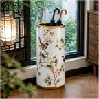 White, Ceramic Umbrella Stand, Household Entryway Umbrella Holder, Hand-Painted Patterns, Wide Mouth, Floor-Standing Ornamental Vase, Freestanding Walking Stick
