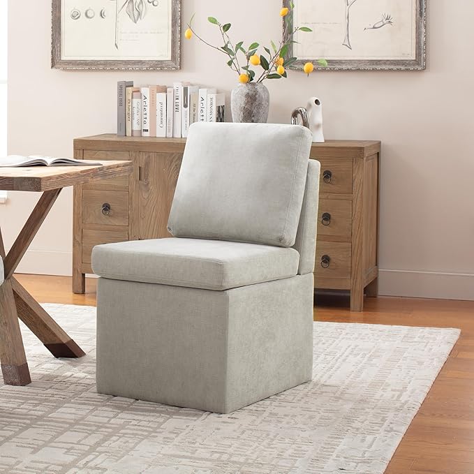 VKNOW Upholstered Dining Chairs, Modern Kitchen Chairs with Storage, Linen Armchair Dining Room Chairs for Kitchen Room (Light Grey, Set of 2)