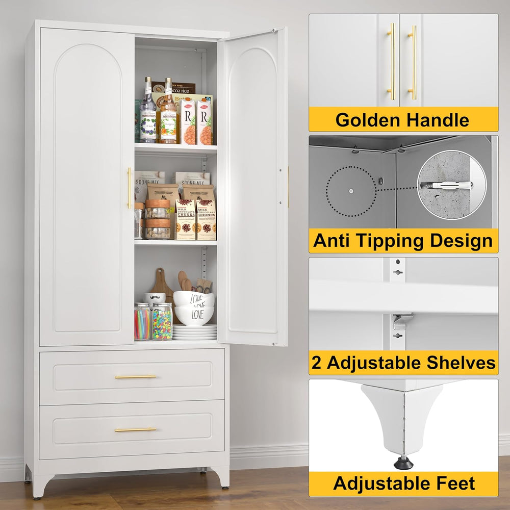 SteeLoong 75" Kitchen Pantry Cabinet,Metal Storage Cabinets with 2 Drawe...