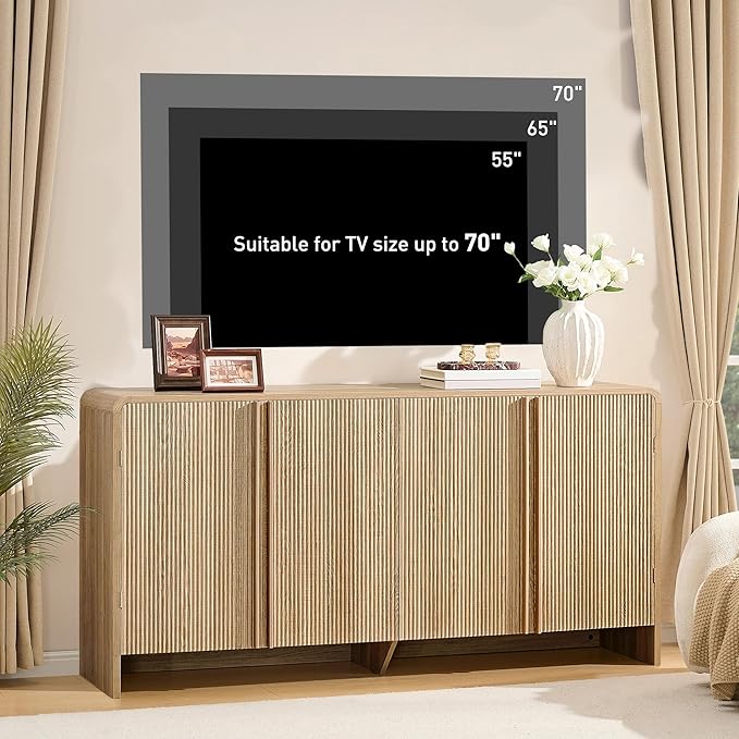 AMERLIFE 63" Fluted TV Stand Media Console Cabinet with Storage, Modern Credenza Entertainment Center with 4 Doors & Adjustable Shelves, Wood Coffee Bar for Living Room, Hallway, Natural Oak