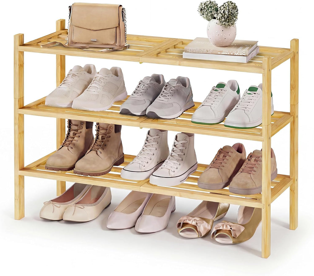 SONGMICS Bamboo Shoe Rack for Closet, Stackable Shoe Oragnizer with Modular Structure, Space-Saving Free Standing Shelf for Entryway Bedroom, 3-Tier, Holds 12-16 Pairs, Natural Color ULBS053YL01