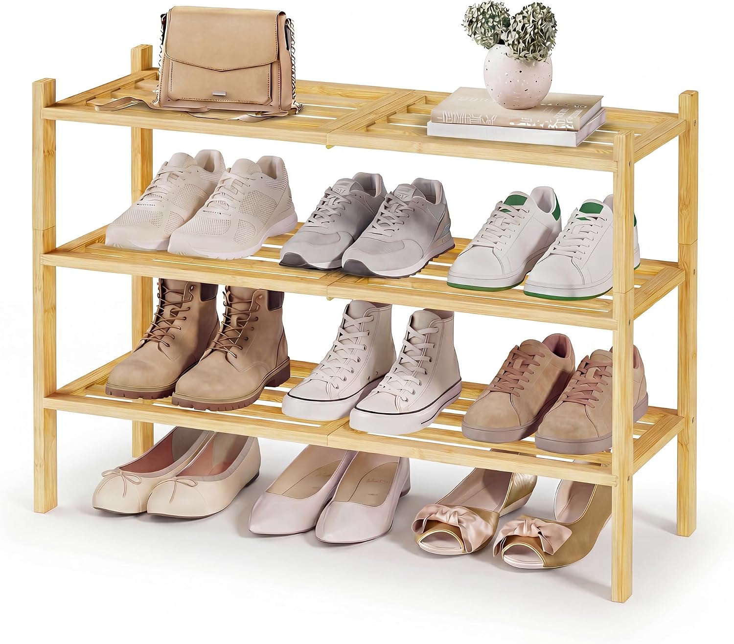 SONGMICS Bamboo Shoe Rack for Closet, Stackable Shoe Oragnizer with Modular Structure, Space-Saving Free Standing Shelf for Entryway Bedroom, 3-Tier, Holds 12-16 Pairs, Natural Color ULBS053YL01