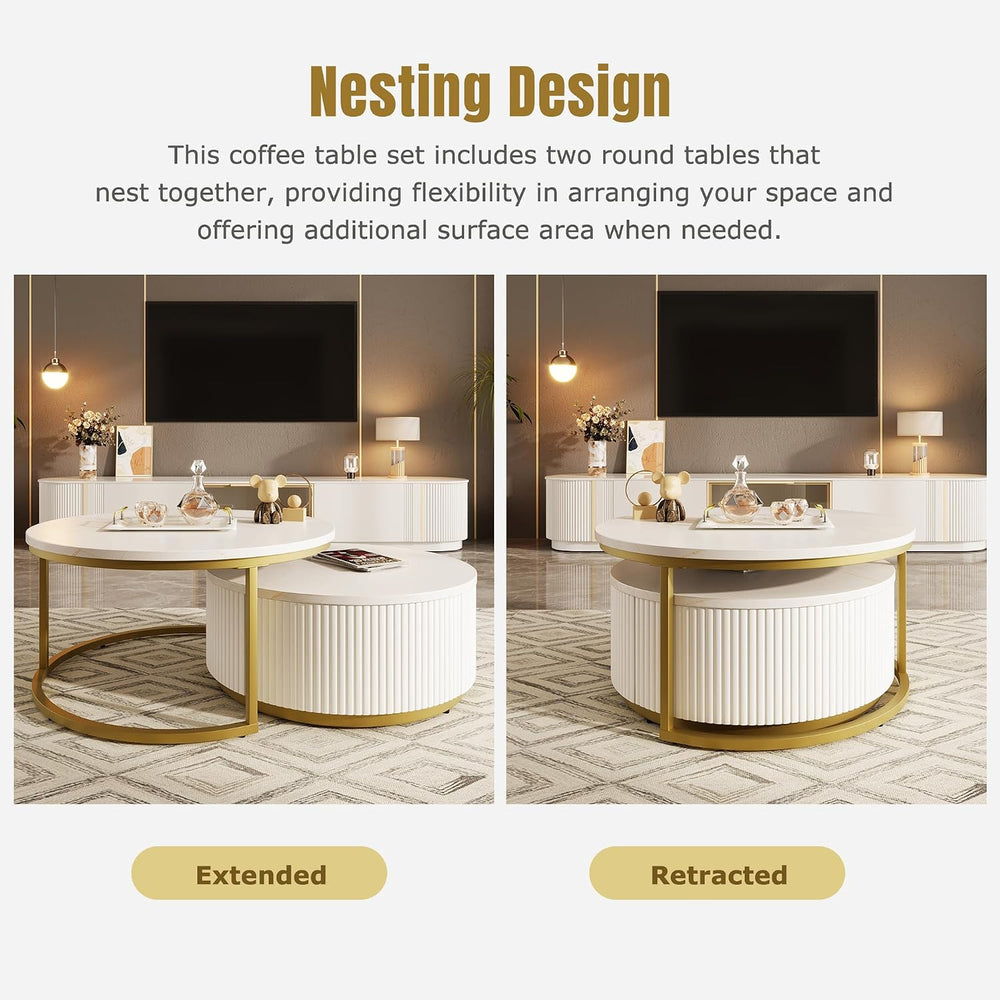 Nesting Coffee Table Set of 2, Round Coffee Table with Drawer for Living Room...