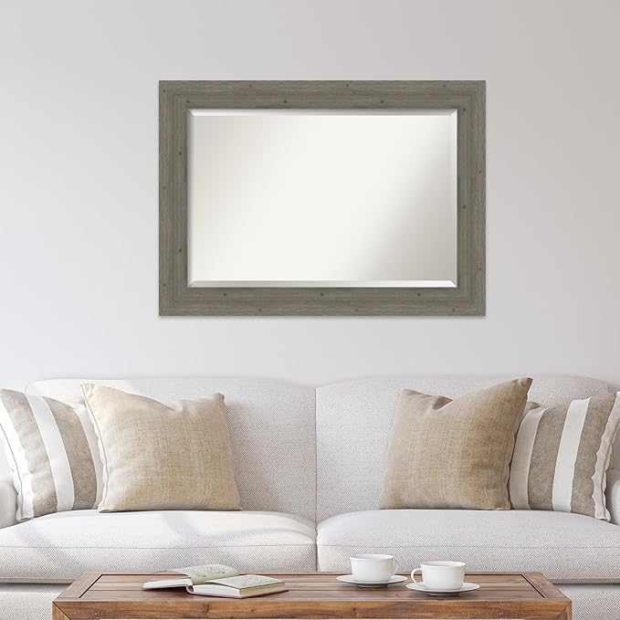 Amanti Art Grey Wall Mirror 31x43 Fencepost Grey Rectangle Bathroom Mirror for Wall Decor Living Room, Large Country Rustic Wood Frame, Hangs Horizonally and Vertically, Bathroom Decor, Beveled Edge