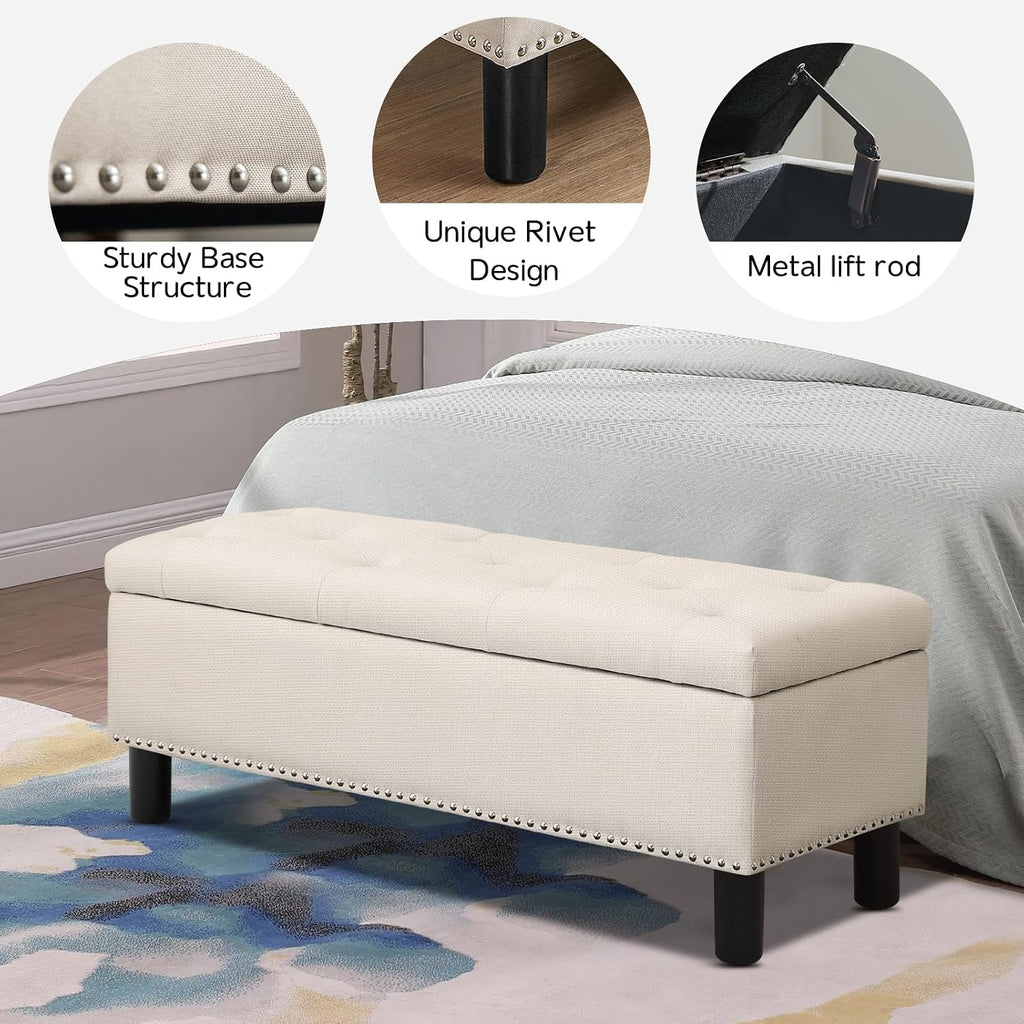 Furniliving 42" Ottoman with Storage, End of Bed Bench with Button-Tufted Large Upholstered Storage Ottoman Entryway Bench Storage Bench for Bedroom, Living Room, Linen, Beige
