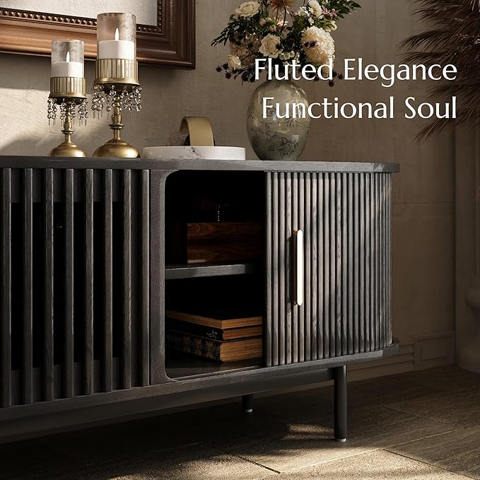 POVISON Fully-Assembled Mid Century Modern TV Stand, Sliding Tambour Door Entertainment Center with Storage, Wood TV Console, Media Console for Living Room Bedroom(Black, 78.74")